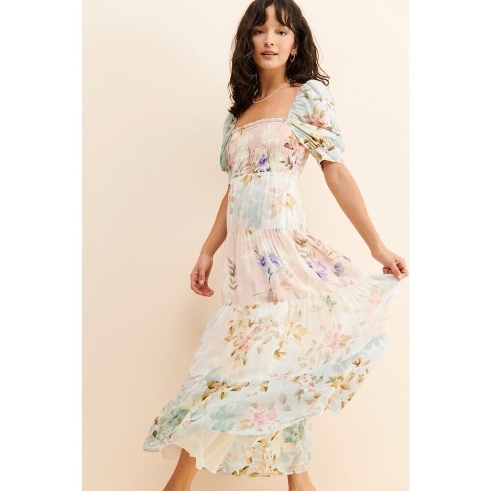Yumi Kim Zofia Maxi Dress XS Pastel Floral Harmony Print Puff Sleeve Look